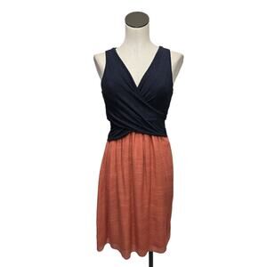 Anthropologie Amadi Cross Wrap Dress Navy & Coral Colorblock Dress Size Medium‎